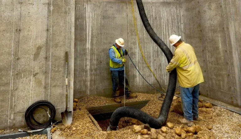two men working with pump in excavation job